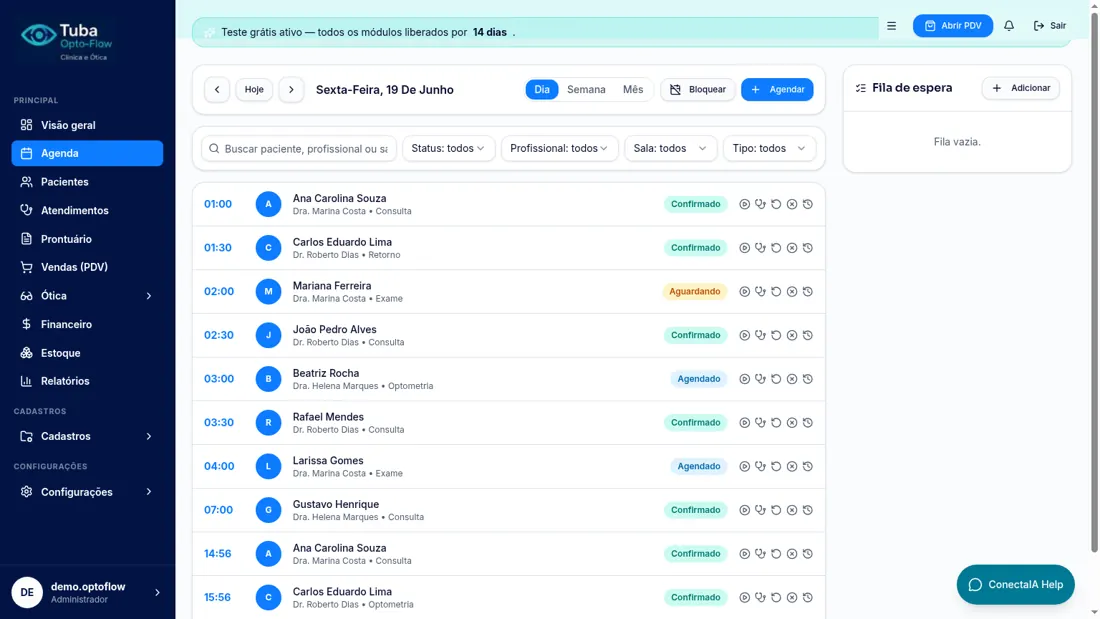 Tela de agenda do Tuba Opto-Flow com consultas do dia por profissional e status