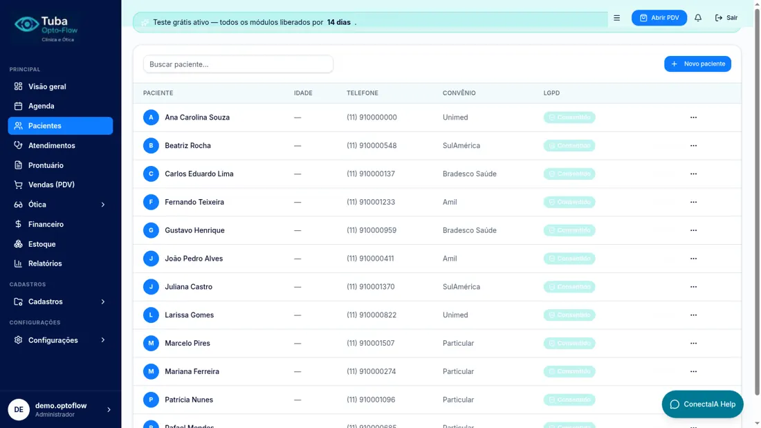 Tela de lista de pacientes do Tuba Opto-Flow com convênio e consentimento LGPD